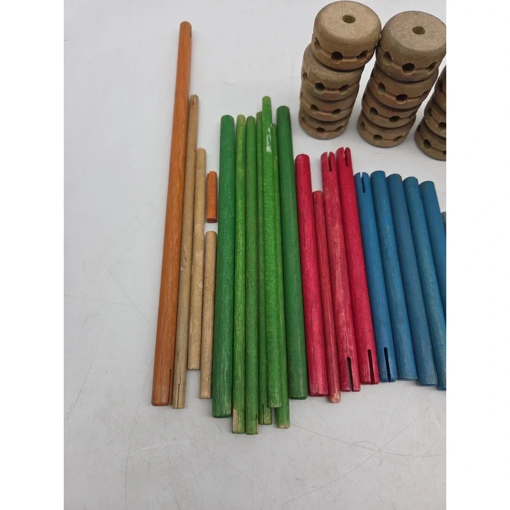 VTG Lot of 57 Piece Set Wooden Tinker Toys Rods Sticks Connections & Spools